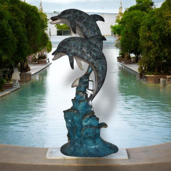 The Two Dolphins Fountain Bronze Statue - Unique and Classic Fountain Bronze Sculpture, Sophisticated Decorative Showpiece for Home, Outdoor, and Garden, 22"L x 12"W x 46"H - Image 3