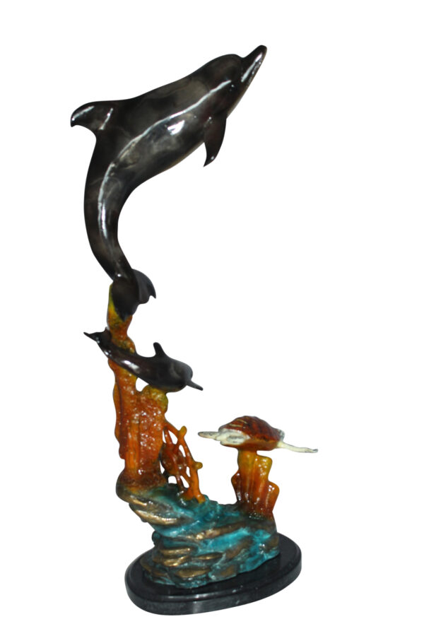 Two Dolphins with Turtle bronze statue -  Size: 14"L x 8"W x 28"H.