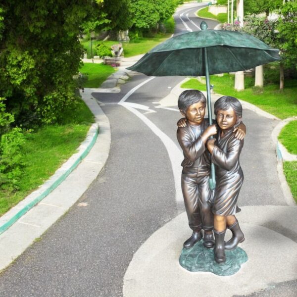 Two Kids Holding an Umbrella - Bronze Statue - Fountain - 30"L x 30"W x 52"H. - Image 3