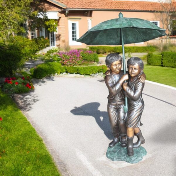Two Kids Holding an Umbrella - Bronze Statue - Fountain - 30"L x 30"W x 52"H. - Image 2