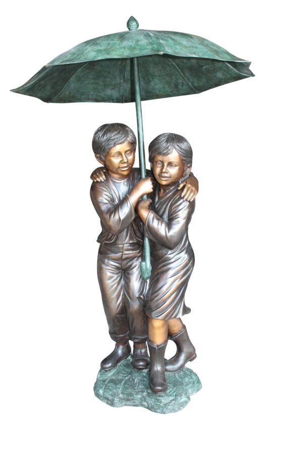 Two Kids Holding an Umbrella - Bronze Statue - Fountain -  90"L x 34"W x 90"H.