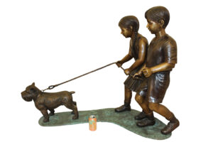 Two Kids Walking a dog Bronze Statue -  Size: 55"L x 28"W x 37"H.