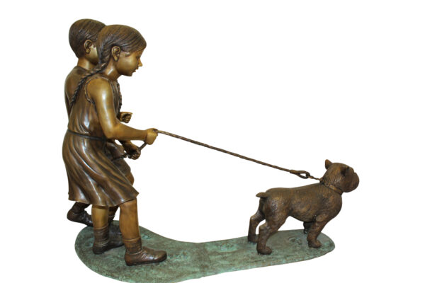 Two Kids Walking a dog Bronze Statue -  Size: 55"L x 28"W x 37"H.