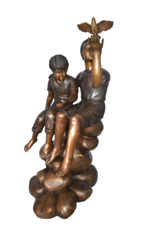 Two Kids on Rocks with a Bird Bronze Statue -  Size: 36"L x 30"W x 44"H.