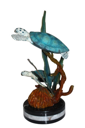 Two Sea Turtles Swimming Bronze Statue -  Size: 17"L x 9"W x 20"H.