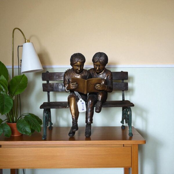 Two kids on Bench Reading A Book - Bronze Statue - Image 2