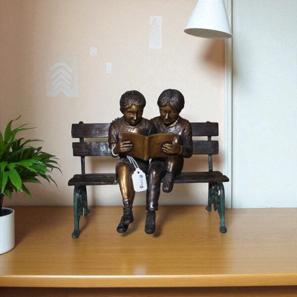 Two kids on Bench Reading A Book - Bronze Statue - Image 3