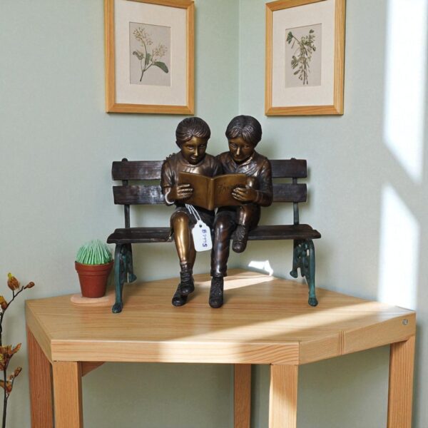 Two kids on Bench Reading A Book - Bronze Statue - Image 3