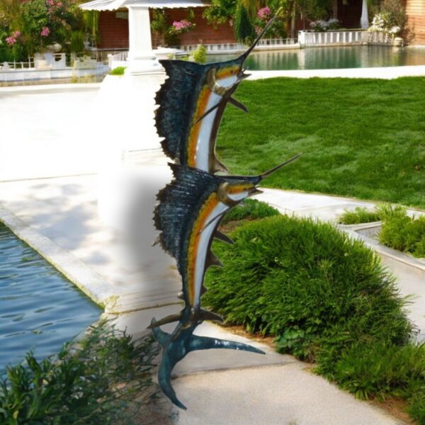 Two - large Sailfish fish Bronze Statue -  Size: 30"L x 43"W x 79"H. - Image 2