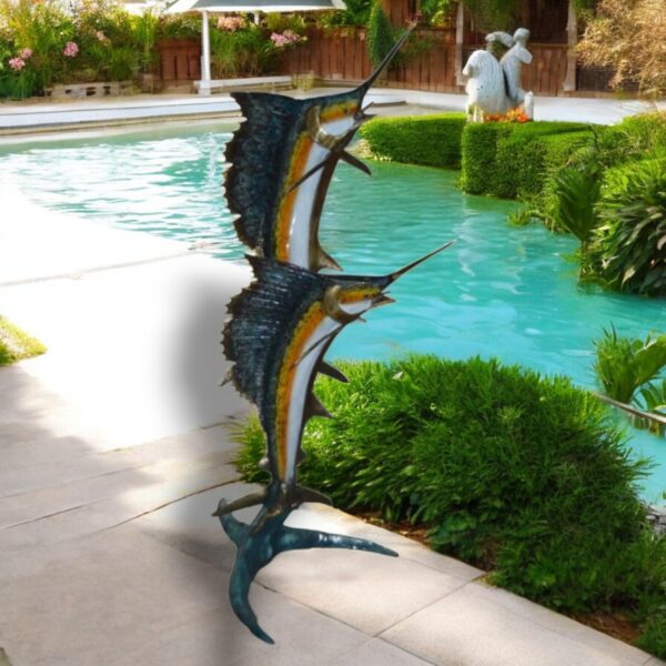 Two - large Sailfish fish Bronze Statue -  Size: 30"L x 43"W x 79"H. - Image 3
