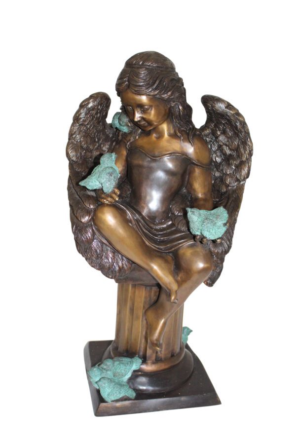 Angel sitting on Column Bronze Statue -  Size: 10"L x 9"W x 22"H.