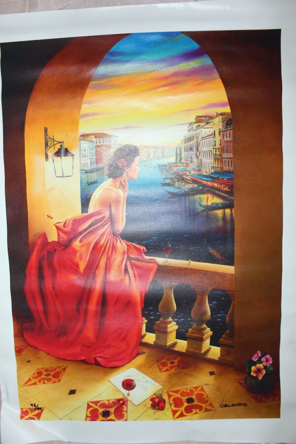 Orlando Quevedo Giclée - Lady in Venice Medium Painting -  Size 20.5"L x 30"W