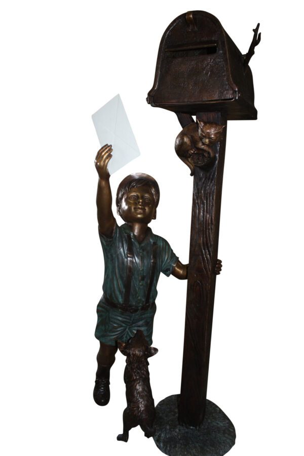 Standing mailbox W boy dog and cat - Bronze Statue -  Size: 22"L x 18"W x 50"H.