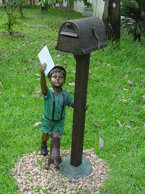 Standing mailbox W boy dog and cat - Bronze Statue -  Size: 22"L x 18"W x 50"H.