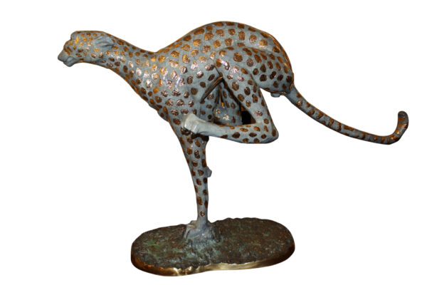 Running Cheetah - Gold Pleated Bronze Statue -  Size: 67"L x 23"W x 41"H.