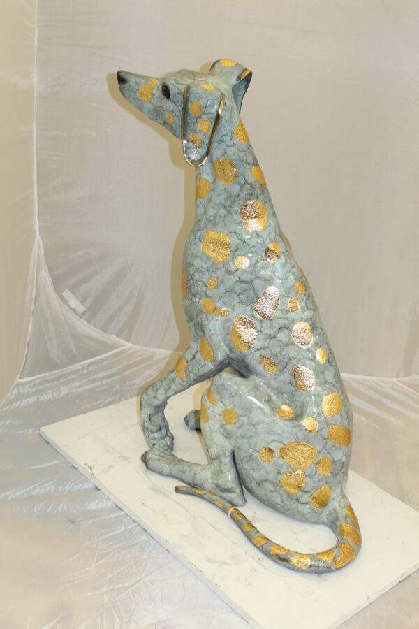 Pair of Golden Pleated Dalmatians Sitting Bronze Statue -  21"L x 16"W x 35"H.