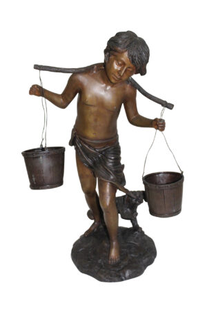 Boy with two buckets Bronze Statue -  Size: 14.5"L x 10"W x 23"H.