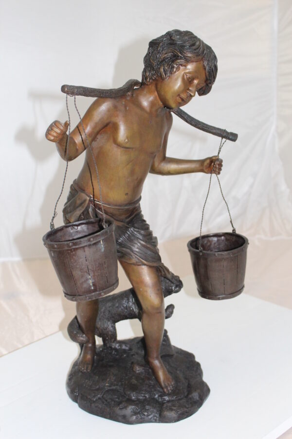 Boy with two buckets Bronze Statue -  Size: 14.5"L x 10"W x 23"H.