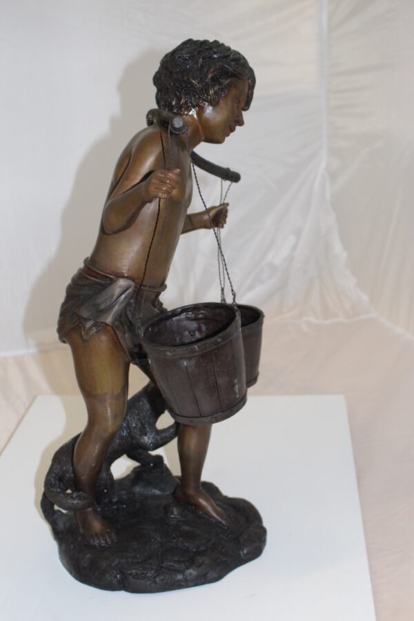 Boy with two buckets Bronze Statue -  Size: 14.5"L x 10"W x 23"H.