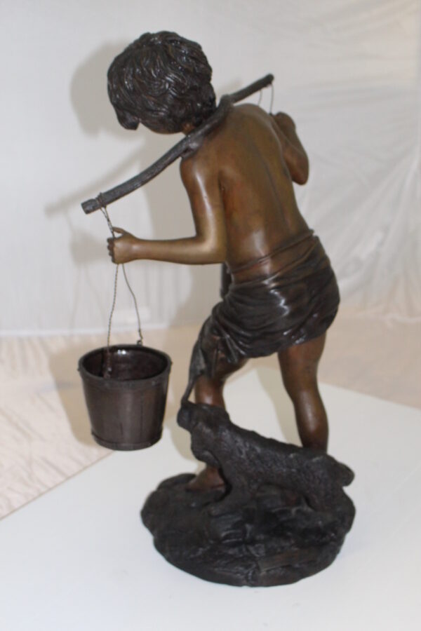 Boy with two buckets Bronze Statue -  Size: 14.5"L x 10"W x 23"H.