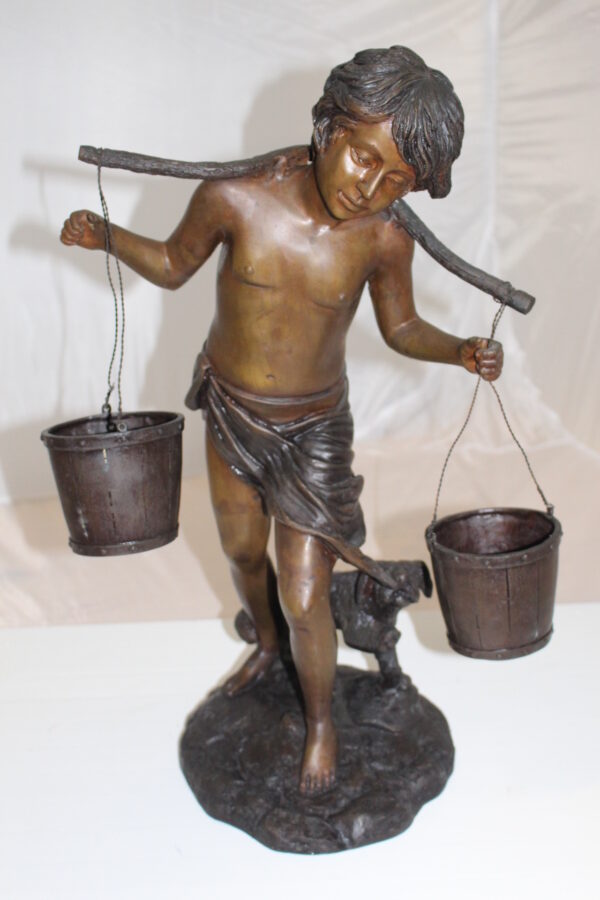 Boy with two buckets Bronze Statue -  Size: 14.5"L x 10"W x 23"H.