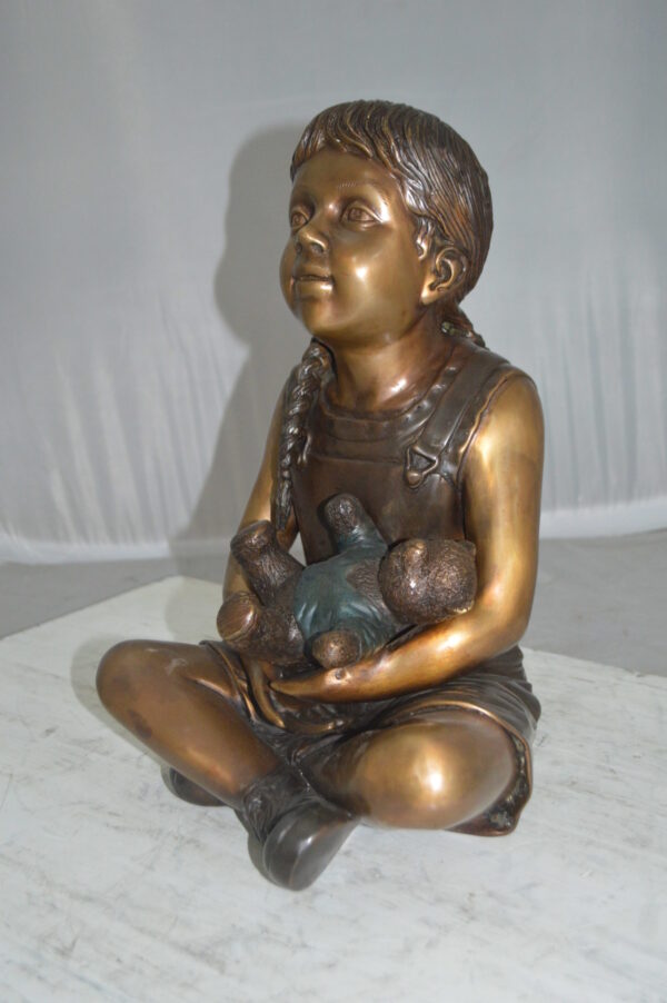 Sitting Girl with Bear Bronze Statue - Size: 13"L x 12"W x 15"Hss. - Image 4