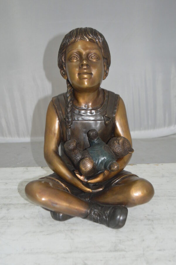 Sitting Girl with Bear Bronze Statue - Size: 13"L x 12"W x 15"Hss. - Image 2