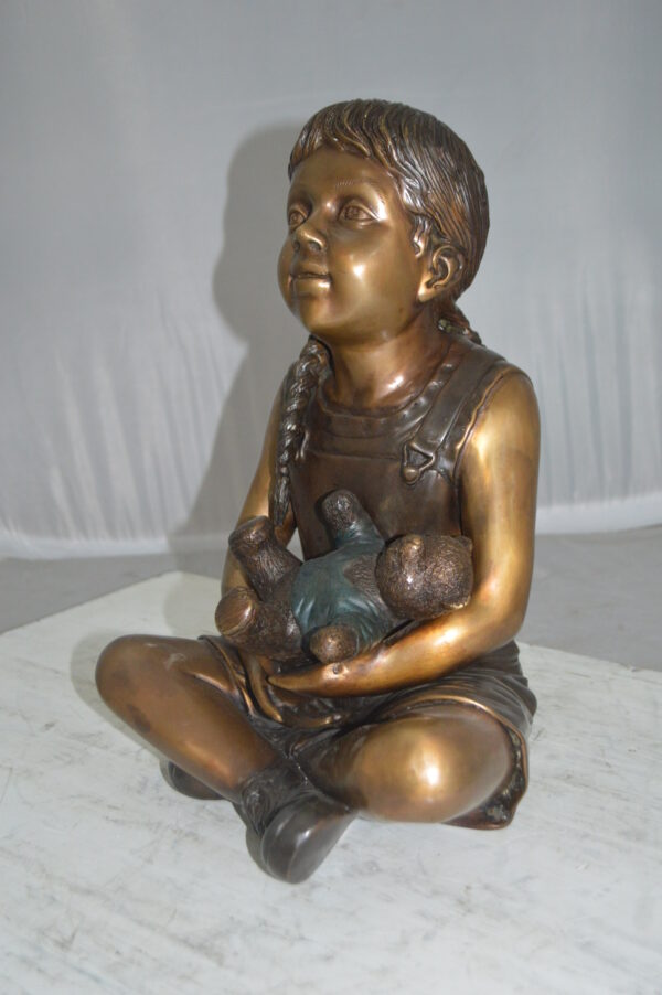 Sitting Girl with Bear Bronze Statue - Size: 13"L x 12"W x 15"Hss. - Image 6