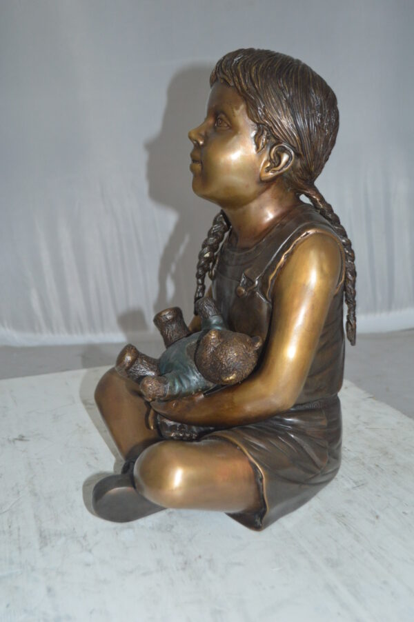 Sitting Girl with Bear Bronze Statue - Size: 13"L x 12"W x 15"Hss. - Image 7