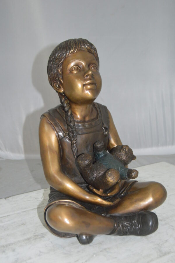 Sitting Girl with Bear Bronze Statue - Size: 13"L x 12"W x 15"Hss. - Image 12