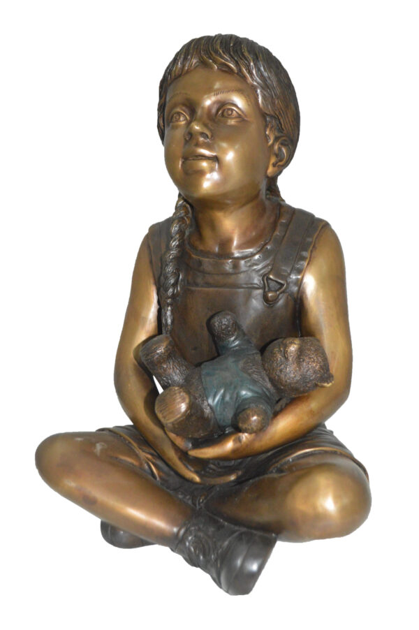 Sitting Girl with Bear Bronze Statue - Size: 13"L x 12"W x 15"Hss.
