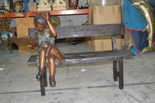 Girl with Glasses on Bench  Bronze Statue -  Size: 43"L x 20"W x 36"H. - Image 2