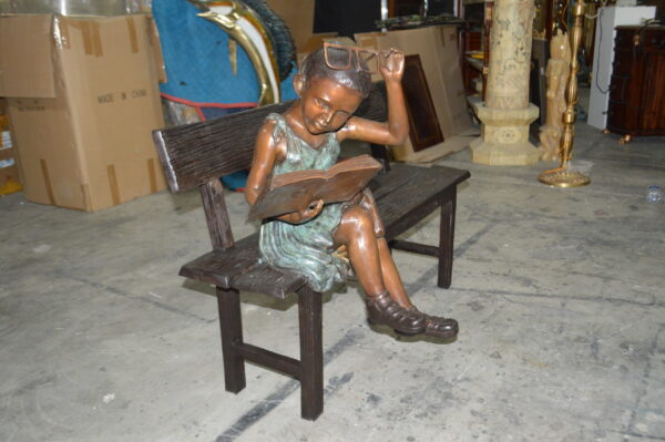 Girl with Glasses on Bench  Bronze Statue -  Size: 43"L x 20"W x 36"H. - Image 5