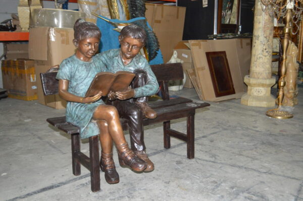 Boy and a Girl on Bench reading book bronze Statue -  Size: 43"L x 20"W x 36"H. - Image 7