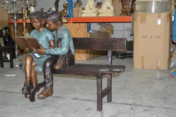 Boy and a Girl on Bench reading book bronze Statue -  Size: 43"L x 20"W x 36"H. - Image 13