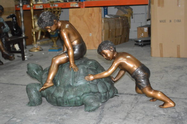 Two Kids on a Giant Turtle Bronze Fountain -  Size: 23"L x 60"W x 33"H. - Image 2