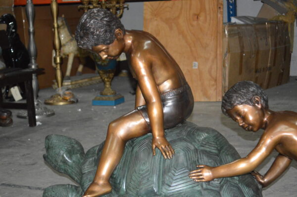 Two Kids on a Giant Turtle Bronze Fountain -  Size: 23"L x 60"W x 33"H. - Image 4