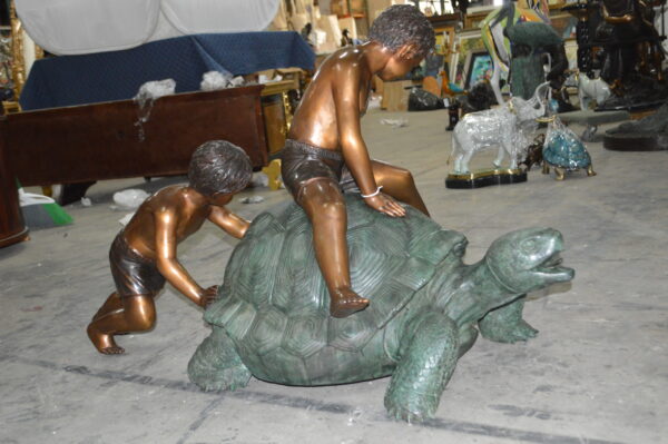 Two Kids on a Giant Turtle Bronze Fountain -  Size: 23"L x 60"W x 33"H. - Image 9