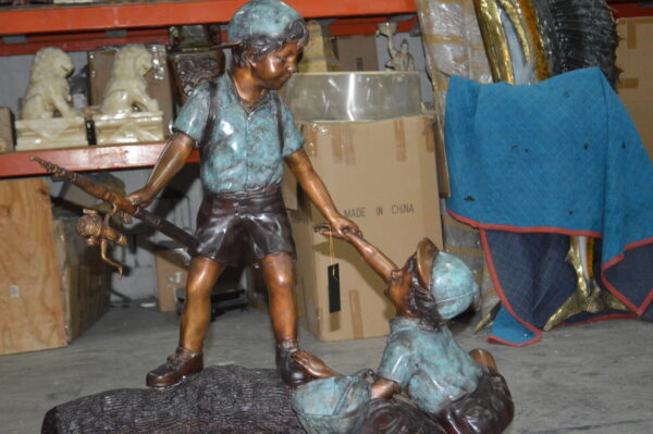 Two Boys Fishing on Tree Log Bronze Fountain -  Size: 53"L x 25"W x 47"H. - Image 2