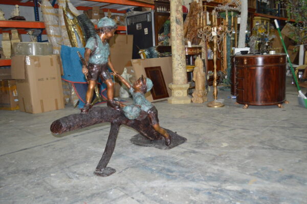 Two Boys Fishing on Tree Log Bronze Fountain -  Size: 53"L x 25"W x 47"H. - Image 3