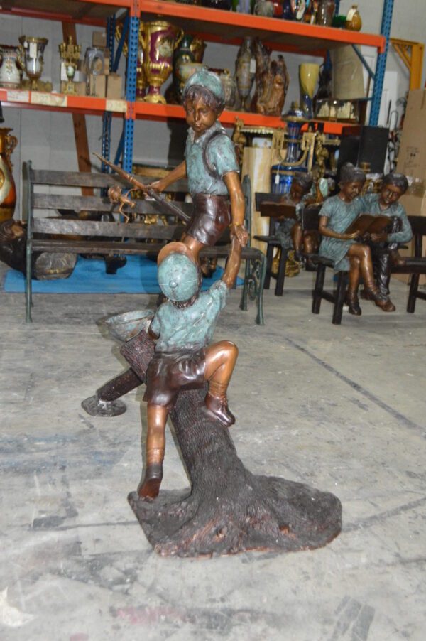 Two Boys Fishing on Tree Log Bronze Fountain -  Size: 53"L x 25"W x 47"H. - Image 5