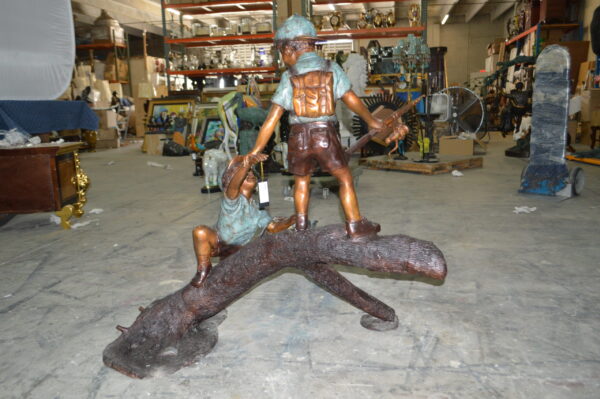 Two Boys Fishing on Tree Log Bronze Fountain -  Size: 53"L x 25"W x 47"H. - Image 9