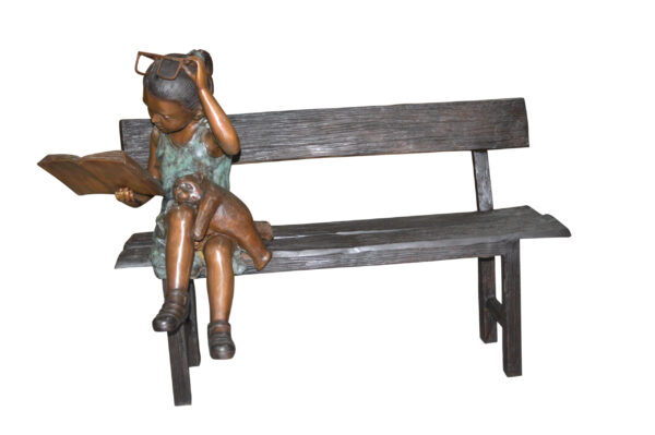 Girl with Glasses on Bench  Bronze Statue -  Size: 43"L x 20"W x 36"H.