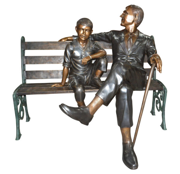Grandfather an Grandson on a Bench Bronze Statue -  Size: 53"L x 32"W x 44"H.