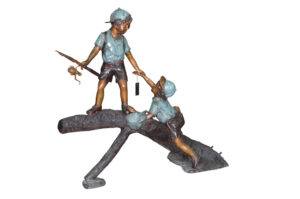 Two Boys Fishing on Tree Log Bronze Fountain -  Size: 53"L x 25"W x 47"H.