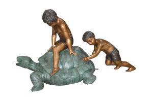 Two Kids on a Giant Turtle Bronze Fountain -  Size: 23"L x 60"W x 33"H.