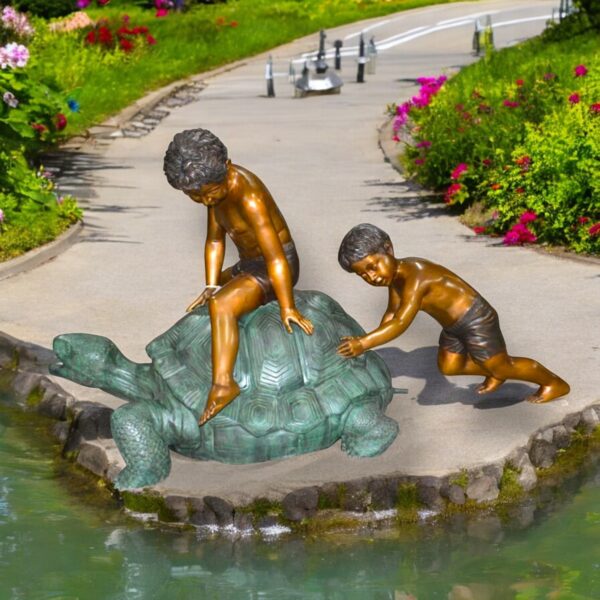 Two Kids on a Giant Turtle Bronze Fountain -  Size: 23"L x 60"W x 33"H. - Image 2