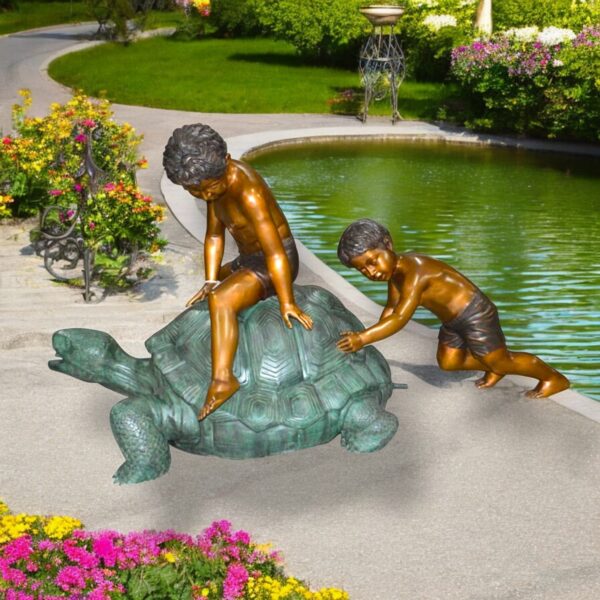 Two Kids on a Giant Turtle Bronze Fountain -  Size: 23"L x 60"W x 33"H. - Image 3