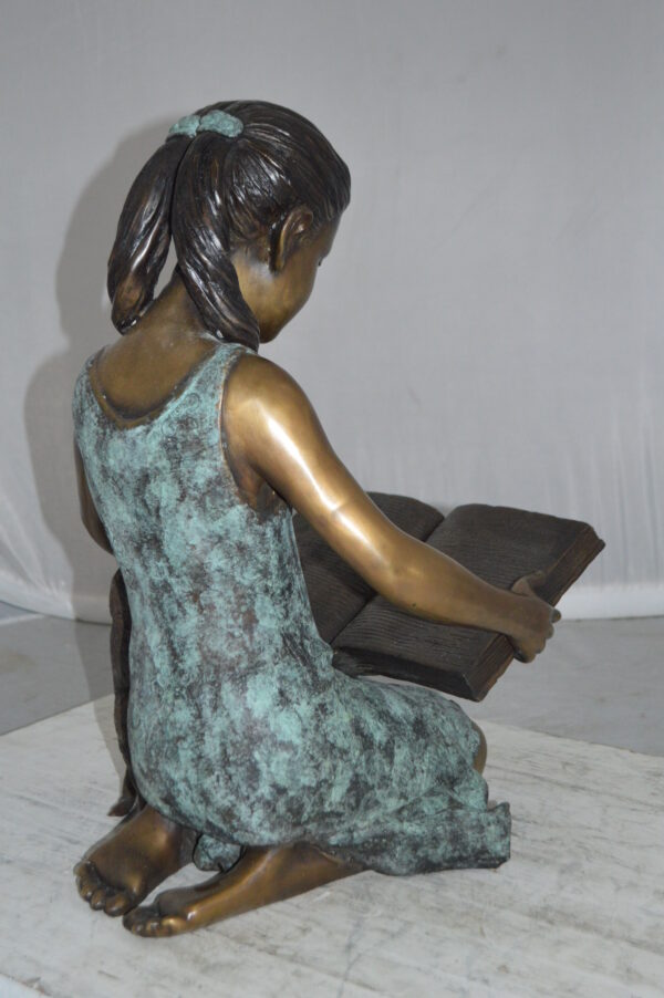 Girl and her dog reading a book Bronze Statue -  Size: 20"L x 8"W x 14"H. - Image 7