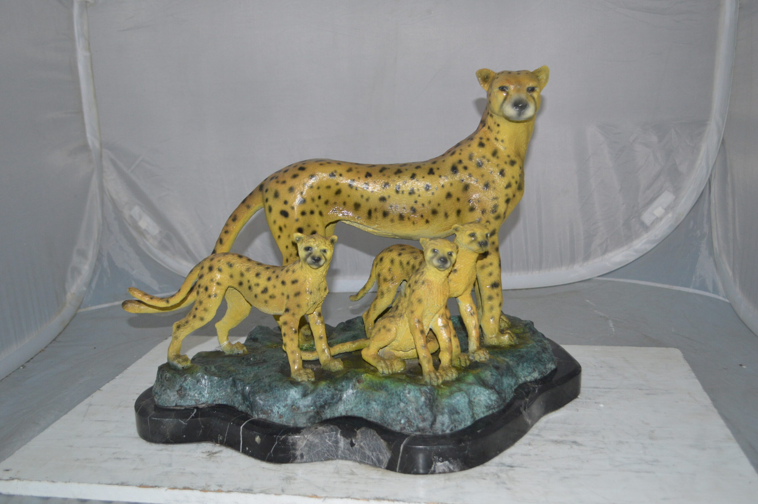 Cheetah Family Bronze Statue on Marble - Size: 24L x 14W x 18H.